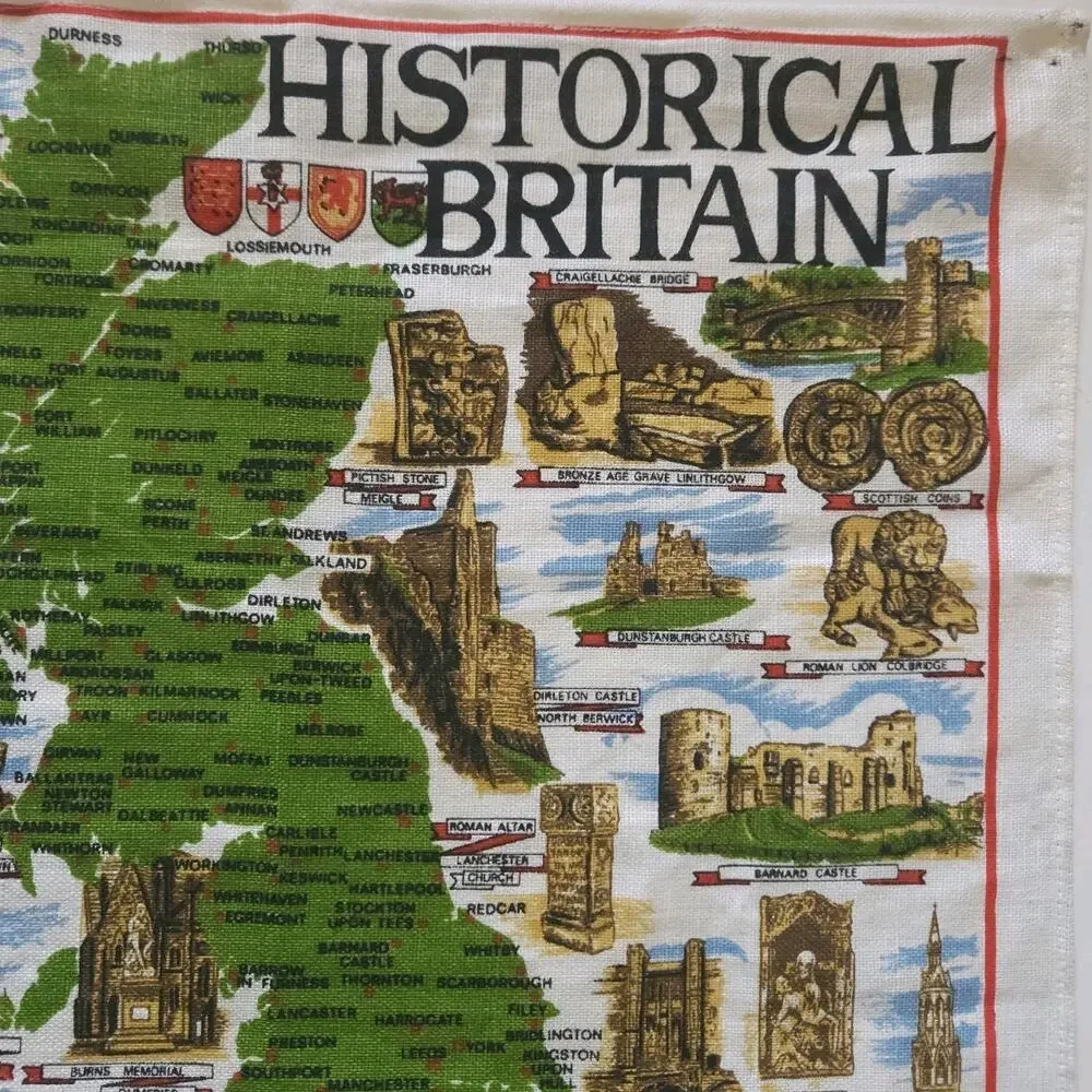 Vtg Irish Linen Kitchen Dish Tea Towel Britain Souvenir Map Wall Art Repurpose